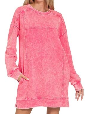 French Terry Acid Washed Dress with Pockets in Fuchsia